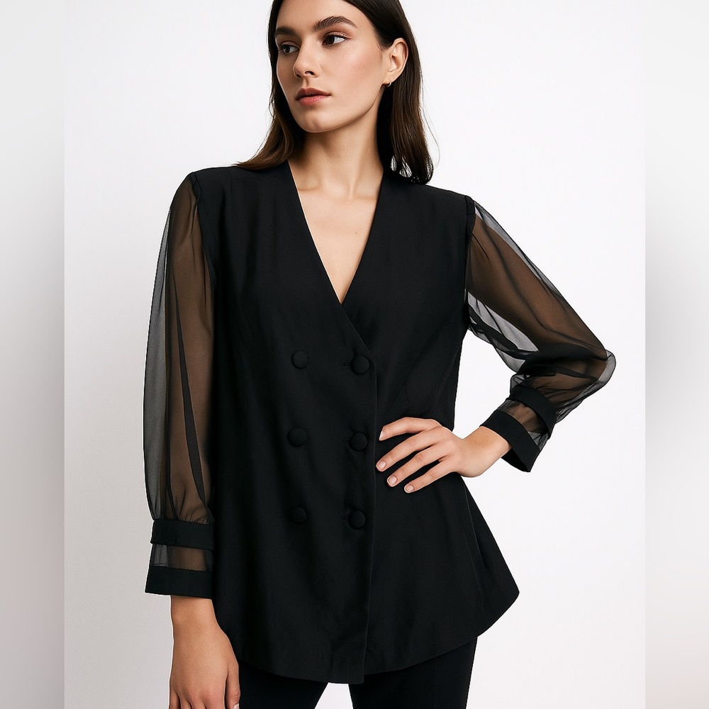 Joseph Ribkoff Black Double-Breasted Sheer-Sleeve Top